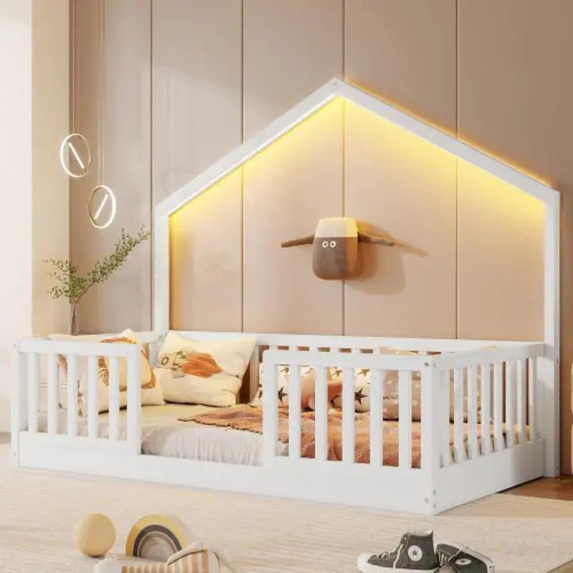 Main image of Hassyee Twin/Full Size Wooden Montessori Bed with LED Light and Safety Guardrail, House Floor Bed with Slats Support for Boys Girls Nursery Bedroom Playroom, No Box Spring Needed (White Twin)