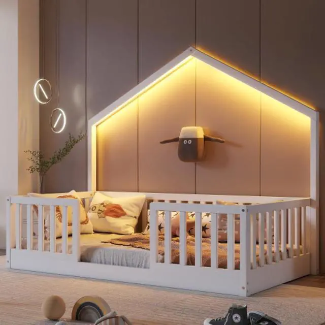 Alt view image 2 of 7 - Hassyee Twin/Full Size Wooden Montessori Bed with LED Light and Safety Guardrail, House Floor Bed with Slats Support for Boys Girls Nursery Bedroom Playroom, No Box Spring Needed (White Twin)