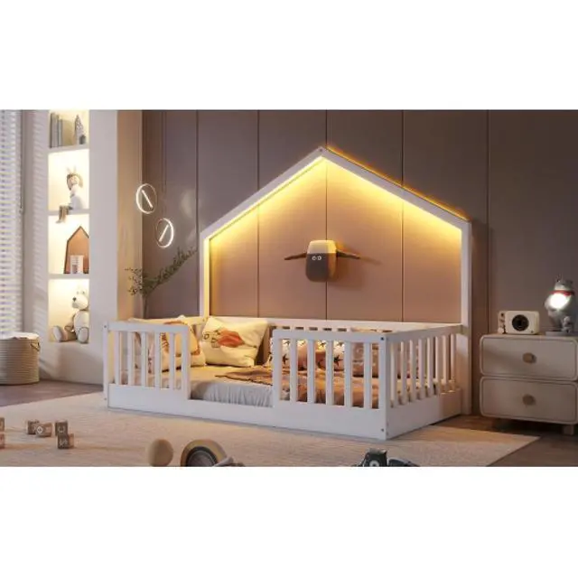 Alt view image 4 of 7 - Hassyee Twin/Full Size Wooden Montessori Bed with LED Light and Safety Guardrail, House Floor Bed with Slats Support for Boys Girls Nursery Bedroom Playroom, No Box Spring Needed (White Twin)