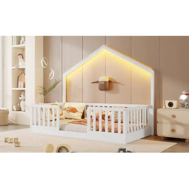 Alt view image 5 of 7 - Hassyee Twin/Full Size Wooden Montessori Bed with LED Light and Safety Guardrail, House Floor Bed with Slats Support for Boys Girls Nursery Bedroom Playroom, No Box Spring Needed (White Twin)
