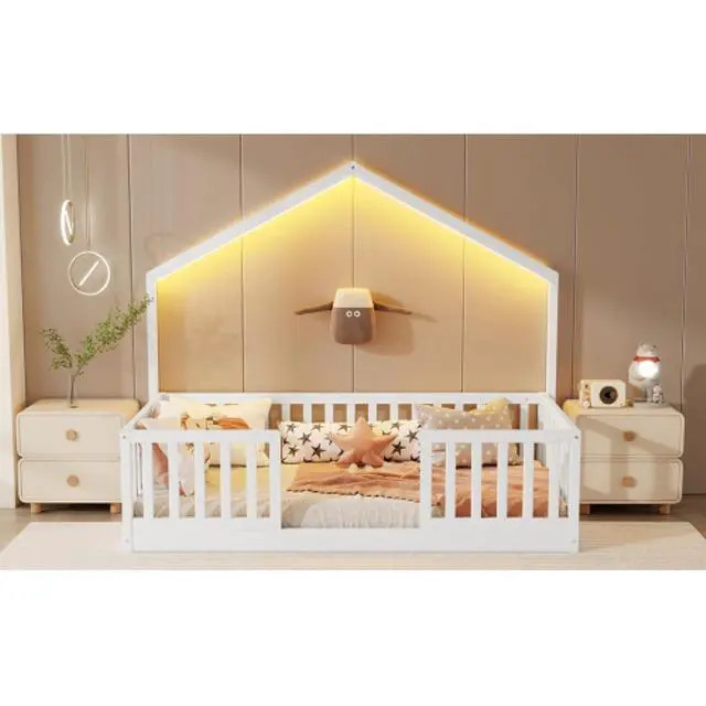 Alt view image 6 of 7 - Hassyee Twin/Full Size Wooden Montessori Bed with LED Light and Safety Guardrail, House Floor Bed with Slats Support for Boys Girls Nursery Bedroom Playroom, No Box Spring Needed (White Twin)