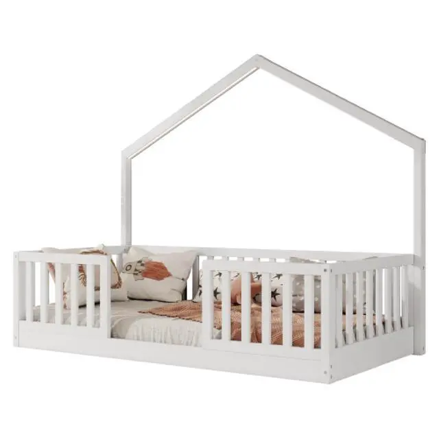 Alt view image 7 of 7 - Hassyee Twin/Full Size Wooden Montessori Bed with LED Light and Safety Guardrail, House Floor Bed with Slats Support for Boys Girls Nursery Bedroom Playroom, No Box Spring Needed (White Twin)