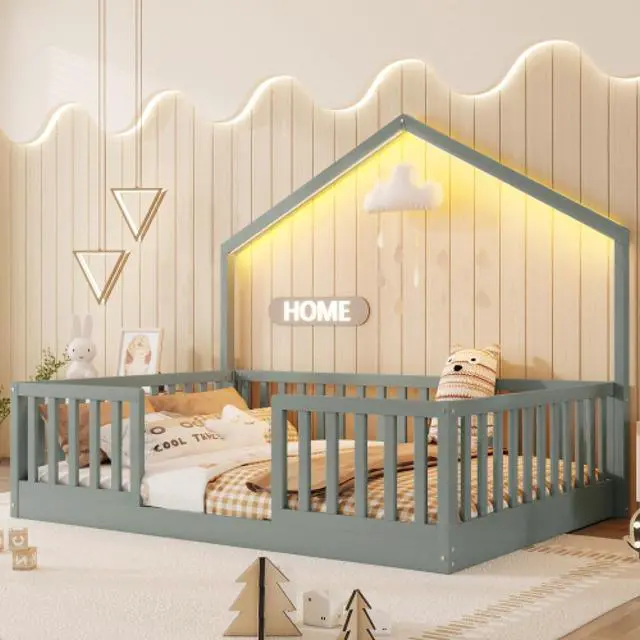 Main image of Hassyee Twin/Full Size Montessori Bed with LED Light and Safety Guardrail, House Floor Bed with Wooden Slats Support for Boys Girls Bedroom Playroom, No Box Spring Needed (Grey Full)