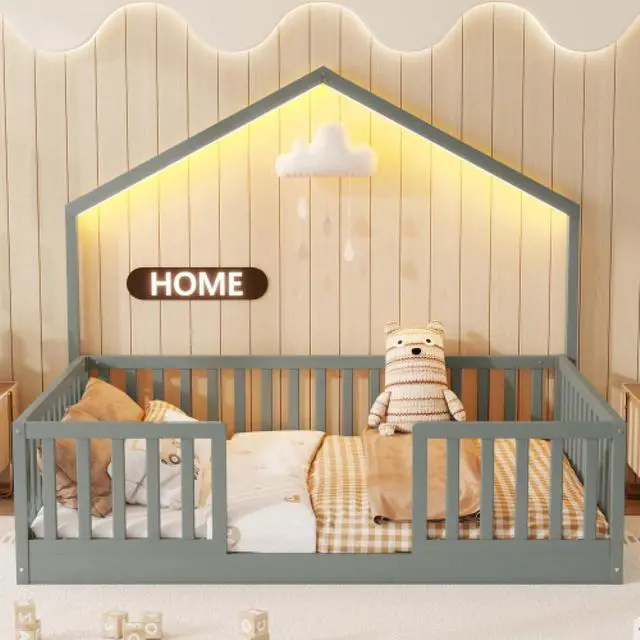 Alt view image 2 of 7 - Hassyee Twin/Full Size Wooden Montessori Bed with LED Light and Safety Guardrail, House Floor Bed with Slats Support for Boys Girls Nursery Bedroom Playroom, No Box Spring Needed (Grey Full)