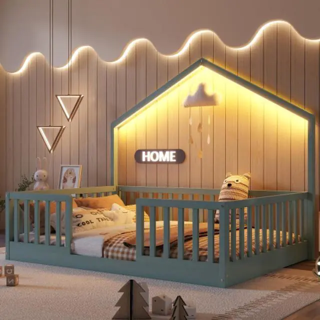 Alt view image 3 of 7 - Hassyee Twin/Full Size Wooden Montessori Bed with LED Light and Safety Guardrail, House Floor Bed with Slats Support for Boys Girls Nursery Bedroom Playroom, No Box Spring Needed (Grey Full)