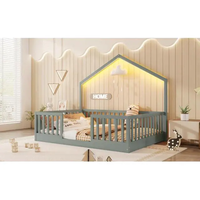 Alt view image 4 of 7 - Hassyee Twin/Full Size Wooden Montessori Bed with LED Light and Safety Guardrail, House Floor Bed with Slats Support for Boys Girls Nursery Bedroom Playroom, No Box Spring Needed (Grey Full)