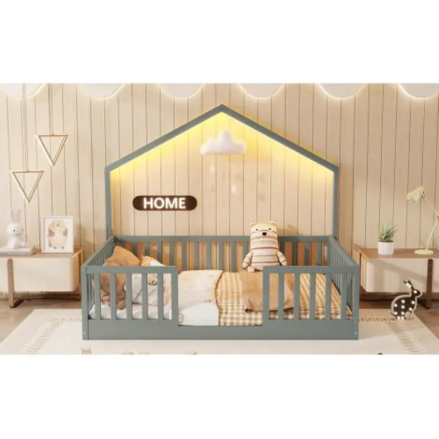 Alt view image 6 of 7 - Hassyee Twin/Full Size Wooden Montessori Bed with LED Light and Safety Guardrail, House Floor Bed with Slats Support for Boys Girls Nursery Bedroom Playroom, No Box Spring Needed (Grey Full)