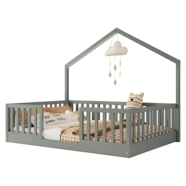 Alt view image 7 of 7 - Hassyee Twin/Full Size Wooden Montessori Bed with LED Light and Safety Guardrail, House Floor Bed with Slats Support for Boys Girls Nursery Bedroom Playroom, No Box Spring Needed (Grey Full)