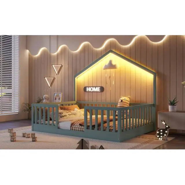 Alt view image 5 of 7 - Hassyee Twin/Full Size Wooden Montessori Bed with LED Light and Safety Guardrail, House Floor Bed with Slats Support for Boys Girls Nursery Bedroom Playroom, No Box Spring Needed (Grey Full)