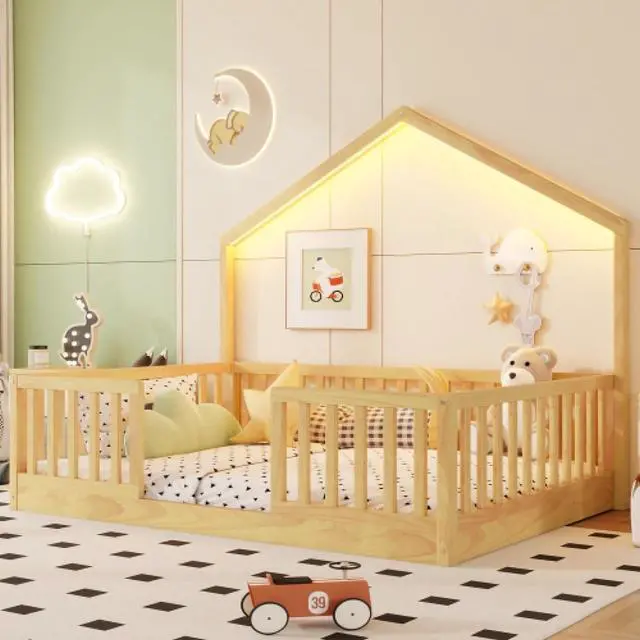 Main image of Hassyee Twin/Full Size Montessori Bed with LED Light and Safety Guardrail, House Floor Bed with Wooden Slats Support for Boys Girls Bedroom Playroom, No Box Spring Needed (Natural Full)