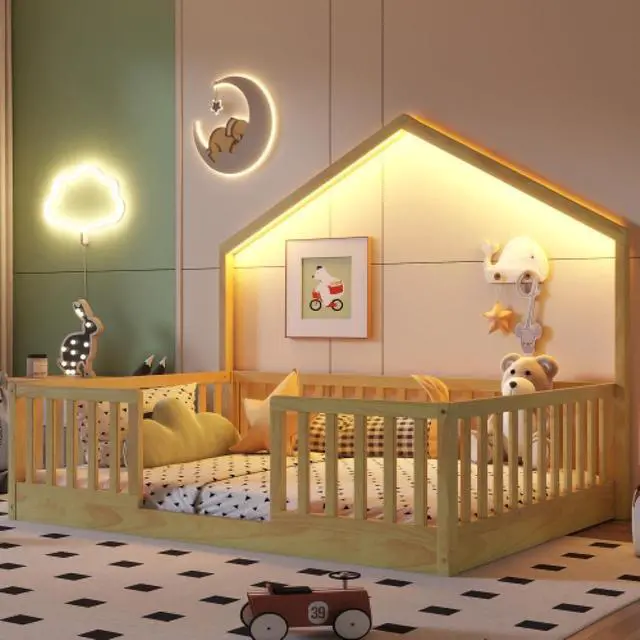 Alt view image 2 of 7 - Hassyee Twin/Full Size Wooden Montessori Bed with LED Light and Safety Guardrail, House Floor Bed with Slats Support for Boys Girls Nursery Bedroom Playroom, No Box Spring Needed (Natural Full)
