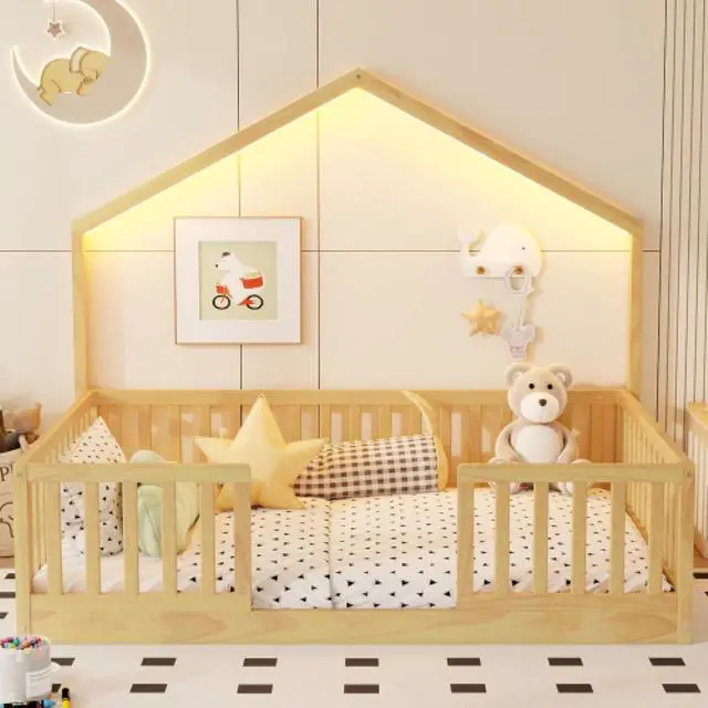 Alt view image 4 of 7 - Hassyee Twin/Full Size Montessori Bed with LED Light and Safety Guardrail, House Floor Bed with Wooden Slats Support for Boys Girls Bedroom Playroom, No Box Spring Needed (Natural Full)