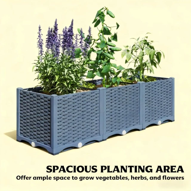 Alt view image 6 of 7 - Hassyee Outdoor Flower Box with Drainage Holes and Plugs for Backyard, Lawn, Plastic Raised Garden Bed with Built-in Water Reservoirs for Growing Flowers, Plants, Herbs