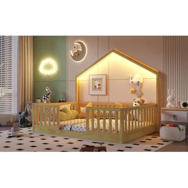 Alt view image 4 of 7 - Hassyee Twin/Full Size Wooden Montessori Bed with LED Light and Safety Guardrail, House Floor Bed with Slats Support for Boys Girls Nursery Bedroom Playroom, No Box Spring Needed (Natural Full)