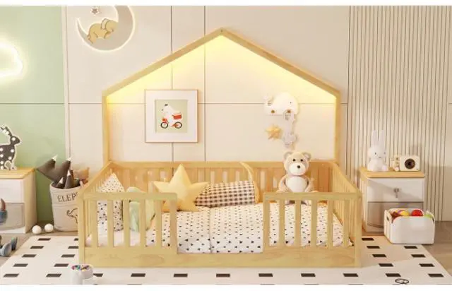 Alt view image 5 of 7 - Hassyee Twin/Full Size Wooden Montessori Bed with LED Light and Safety Guardrail, House Floor Bed with Slats Support for Boys Girls Nursery Bedroom Playroom, No Box Spring Needed (Natural Full)
