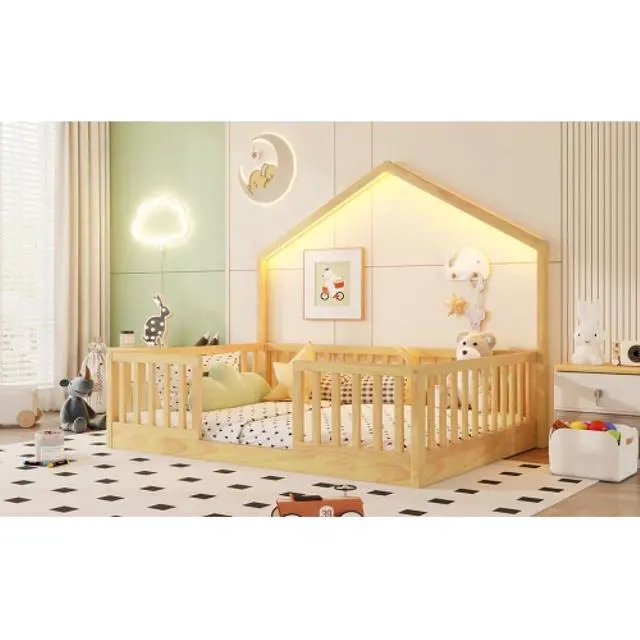 Alt view image 6 of 7 - Hassyee Twin/Full Size Wooden Montessori Bed with LED Light and Safety Guardrail, House Floor Bed with Slats Support for Boys Girls Nursery Bedroom Playroom, No Box Spring Needed (Natural Full)