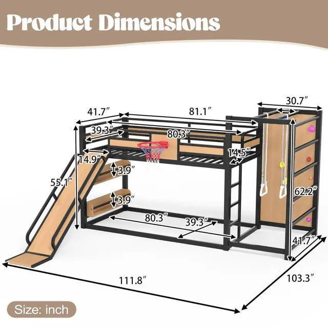 Alt view image 2 of 7 - Hassyee Twin XL/Twin/Full Size Metal Loft/Bunk Bed with Basketball Hoop, Climbing Wall and Bookshelves, Dorm Bed with Slide, Guardrail and Ladder for Boys Girls Bedroom Playroom (Yellow Twin XL)