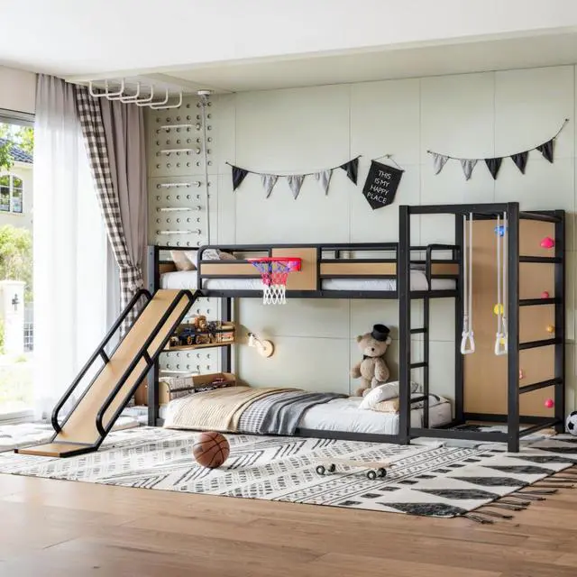 Alt view image 3 of 7 - Hassyee Twin XL/Twin/Full Size Metal Loft/Bunk Bed with Basketball Hoop, Climbing Wall and Bookshelves, Dorm Bed with Slide, Guardrail and Ladder for Boys Girls Bedroom Playroom (Yellow Twin XL)