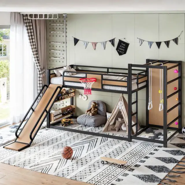 Alt view image 4 of 7 - Hassyee Twin XL/Twin/Full Size Metal Loft/Bunk Bed with Basketball Hoop, Climbing Wall and Bookshelves, Dorm Bed with Slide, Guardrail and Ladder for Boys Girls Bedroom Playroom (Yellow Twin XL)