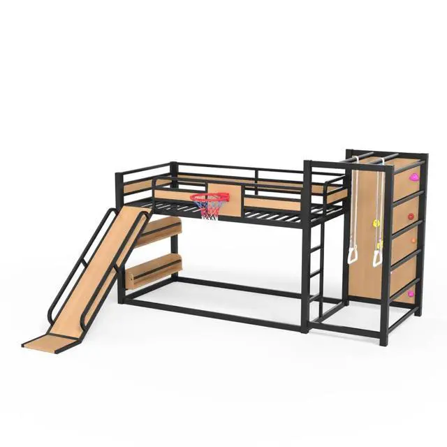 Alt view image 5 of 7 - Hassyee Twin XL/Twin/Full Size Metal Loft/Bunk Bed with Basketball Hoop, Climbing Wall and Bookshelves, Dorm Bed with Slide, Guardrail and Ladder for Boys Girls Bedroom Playroom (Yellow Twin XL)