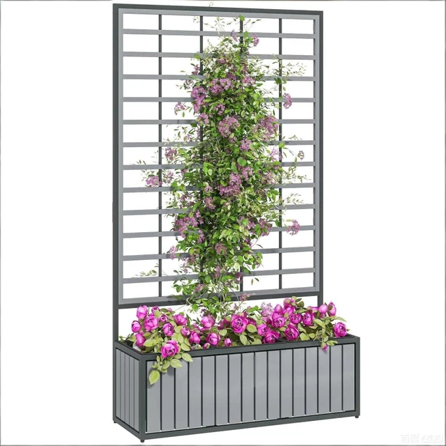 Alt view image 3 of 7 - Hassyee Wooden Raised Garden Bed with Trellis and 2-in-1 Design for Backyard, Porch, Lawn, Outdoor Planter Box with 3 Inner Planter Pots and Drainage Hole for Growing Herbs, Vegetables (Gray)