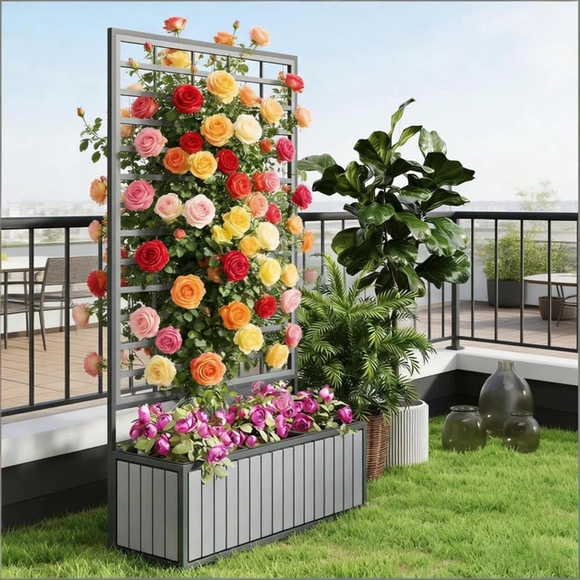 Alt view image 5 of 7 - Hassyee Wooden Raised Garden Bed with Trellis and 2-in-1 Design for Backyard, Porch, Lawn, Outdoor Planter Box with 3 Inner Planter Pots and Drainage Hole for Growing Herbs, Vegetables (Gray)