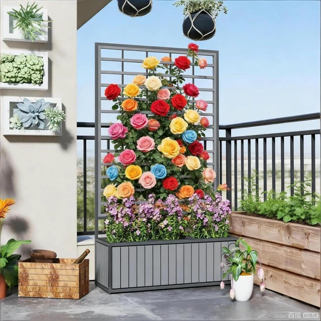 Alt view image 6 of 7 - Hassyee Wooden Raised Garden Bed with Trellis and 2-in-1 Design for Backyard, Porch, Lawn, Outdoor Planter Box with 3 Inner Planter Pots and Drainage Hole for Growing Herbs, Vegetables (Gray)