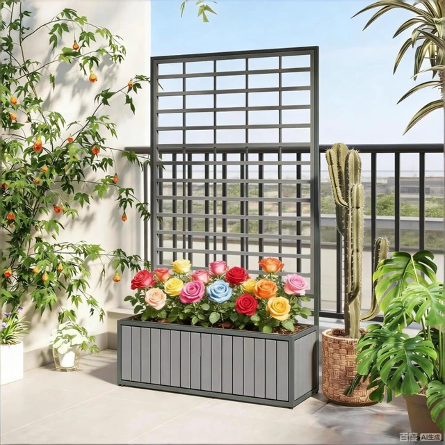 Alt view image 7 of 7 - Hassyee Wooden Raised Garden Bed with Trellis and 2-in-1 Design for Backyard, Porch, Lawn, Outdoor Planter Box with 3 Inner Planter Pots and Drainage Hole for Growing Herbs, Vegetables (Gray)
