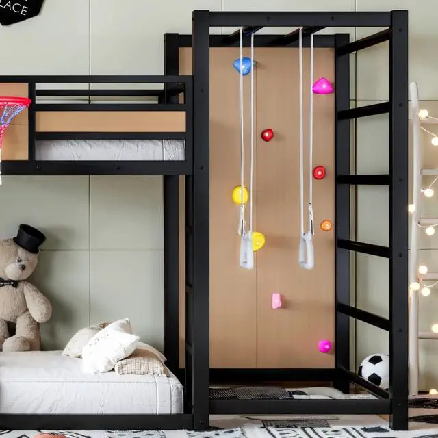Alt view image 7 of 7 - Hassyee Twin XL/Twin/Full Size Metal Loft/Bunk Bed with Basketball Hoop, Climbing Wall and Bookshelves, Dorm Bed with Slide, Guardrail and Ladder for Boys Girls Bedroom Playroom (Yellow Twin XL)