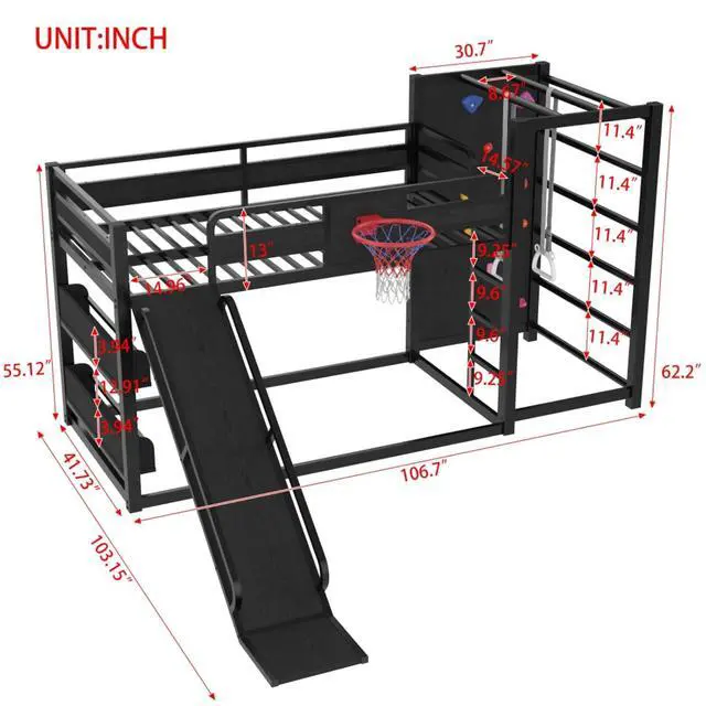 Alt view image 2 of 7 - Hassyee Twin XL/Twin/Full Size Metal Loft/Bunk Bed with Basketball Hoop, Climbing Wall and Bookshelves, Dorm Bed with Slide, Guardrail and Ladder for Boys Girls Bedroom Playroom (Black Twin)