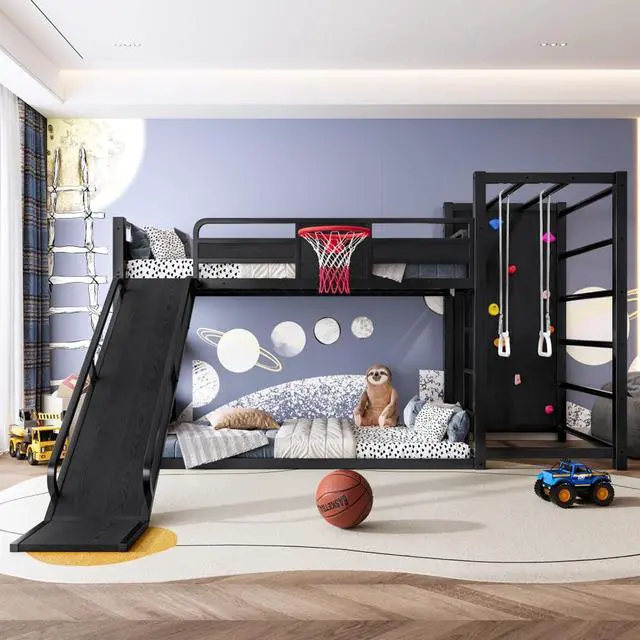 Alt view image 3 of 7 - Hassyee Twin XL/Twin/Full Size Metal Loft/Bunk Bed with Basketball Hoop, Climbing Wall and Bookshelves, Dorm Bed with Slide, Guardrail and Ladder for Boys Girls Bedroom Playroom (Black Twin)