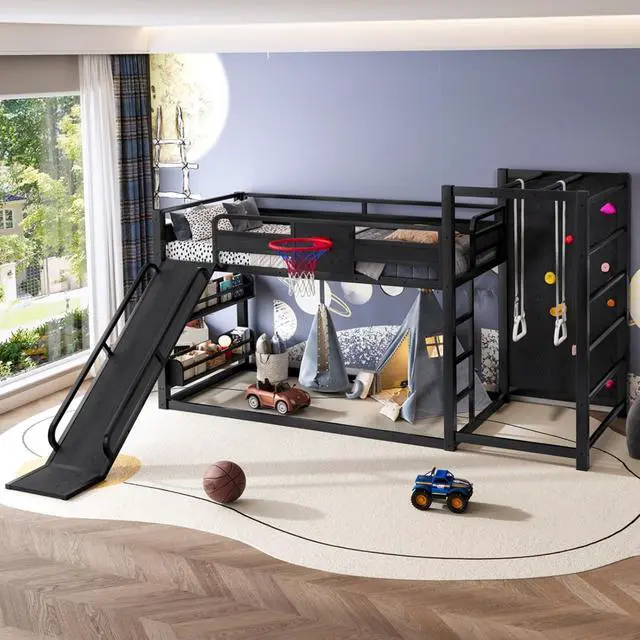 Alt view image 4 of 7 - Hassyee Twin XL/Twin/Full Size Metal Loft/Bunk Bed with Basketball Hoop, Climbing Wall and Bookshelves, Dorm Bed with Slide, Guardrail and Ladder for Boys Girls Bedroom Playroom (Black Twin)