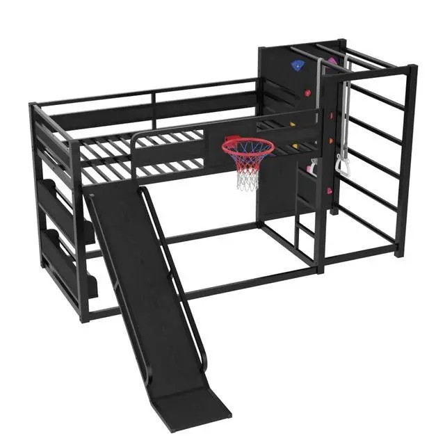 Alt view image 6 of 7 - Hassyee Twin XL/Twin/Full Size Metal Loft/Bunk Bed with Basketball Hoop, Climbing Wall and Bookshelves, Dorm Bed with Slide, Guardrail and Ladder for Boys Girls Bedroom Playroom (Black Twin)