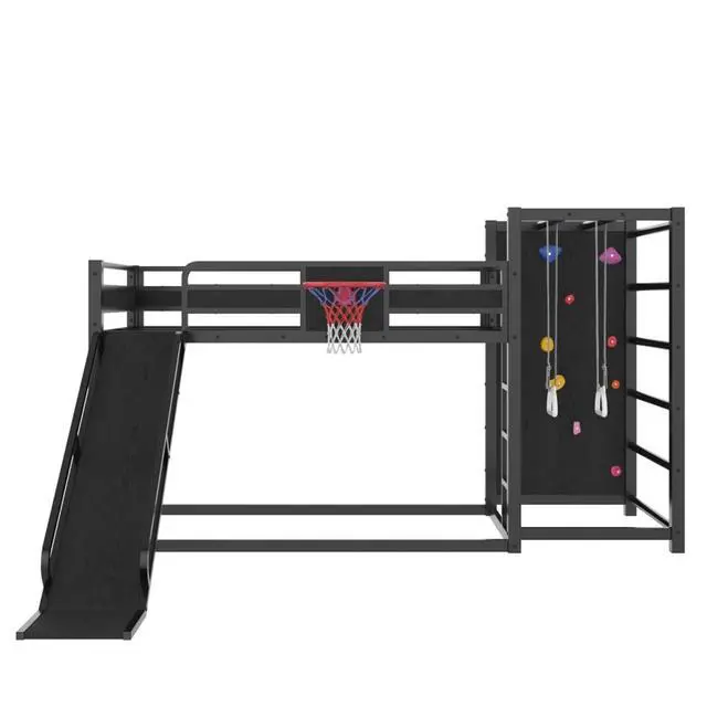 Alt view image 7 of 7 - Hassyee Twin XL/Twin/Full Size Metal Loft/Bunk Bed with Basketball Hoop, Climbing Wall and Bookshelves, Dorm Bed with Slide, Guardrail and Ladder for Boys Girls Bedroom Playroom (Black Twin)