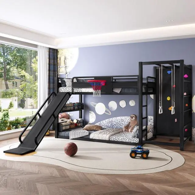 Alt view image 5 of 7 - Hassyee Twin XL/Twin/Full Size Metal Loft/Bunk Bed with Basketball Hoop, Climbing Wall and Bookshelves, Dorm Bed with Slide, Guardrail and Ladder for Boys Girls Bedroom Playroom (Black Twin)
