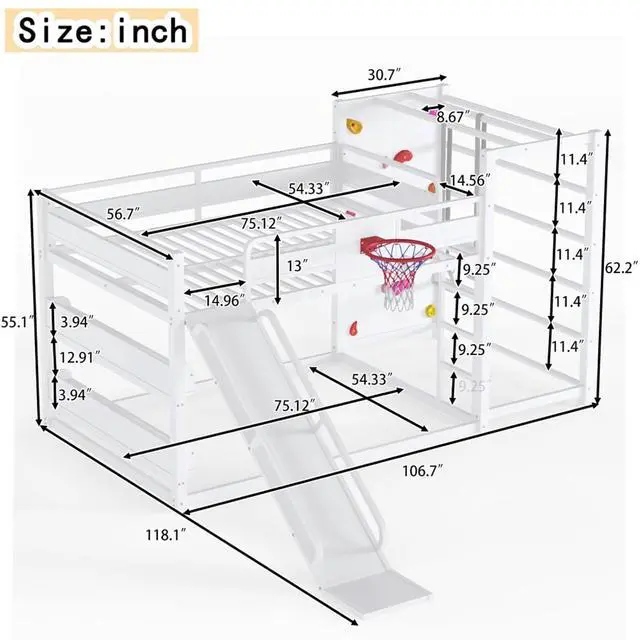 Alt view image 2 of 7 - Hassyee Twin XL/Twin/Full Size Metal Loft/Bunk Bed with Basketball Hoop, Climbing Wall and Bookshelves, Dorm Bed with Slide, Guardrail and Ladder for Boys Girls Bedroom Playroom (White Full)