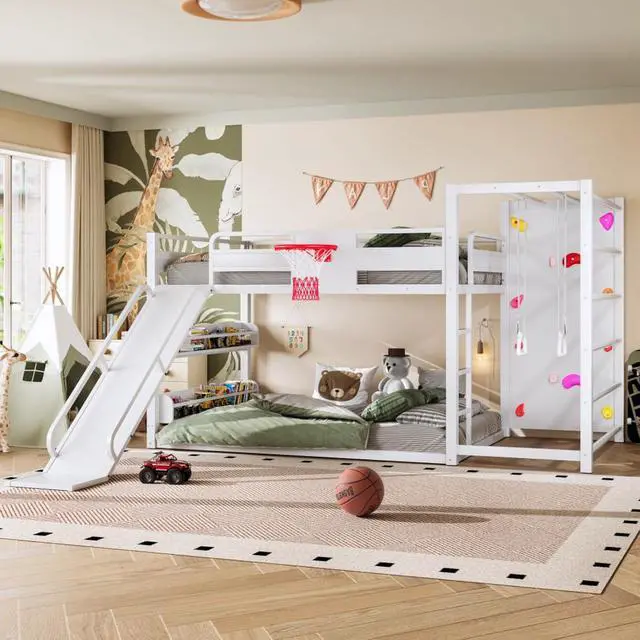 Alt view image 3 of 7 - Hassyee Twin XL/Twin/Full Size Metal Loft/Bunk Bed with Basketball Hoop, Climbing Wall and Bookshelves, Dorm Bed with Slide, Guardrail and Ladder for Boys Girls Bedroom Playroom (White Full)