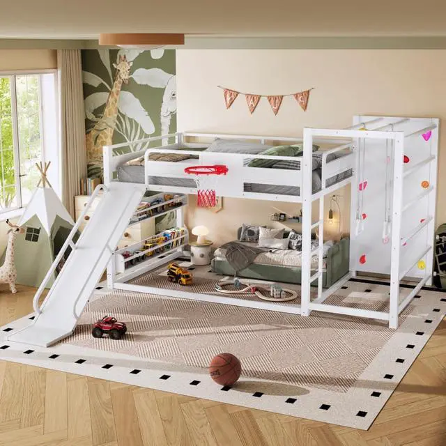Alt view image 4 of 7 - Hassyee Twin XL/Twin/Full Size Metal Loft/Bunk Bed with Basketball Hoop, Climbing Wall and Bookshelves, Dorm Bed with Slide, Guardrail and Ladder for Boys Girls Bedroom Playroom (White Full)