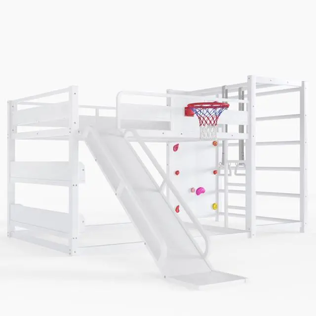 Alt view image 5 of 7 - Hassyee Twin XL/Twin/Full Size Metal Loft/Bunk Bed with Basketball Hoop, Climbing Wall and Bookshelves, Dorm Bed with Slide, Guardrail and Ladder for Boys Girls Bedroom Playroom (White Full)