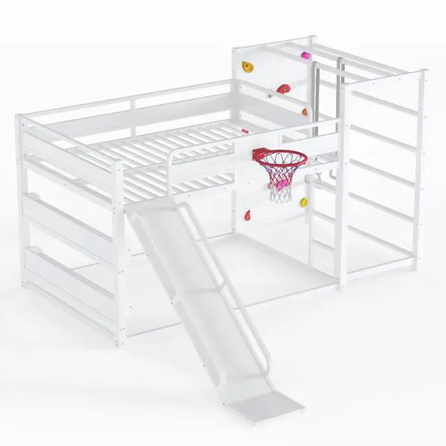 Alt view image 6 of 7 - Hassyee Twin XL/Twin/Full Size Metal Loft/Bunk Bed with Basketball Hoop, Climbing Wall and Bookshelves, Dorm Bed with Slide, Guardrail and Ladder for Boys Girls Bedroom Playroom (White Full)