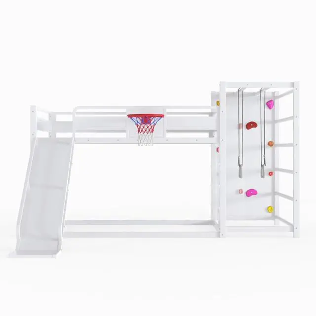 Alt view image 7 of 7 - Hassyee Twin XL/Twin/Full Size Metal Loft/Bunk Bed with Basketball Hoop, Climbing Wall and Bookshelves, Dorm Bed with Slide, Guardrail and Ladder for Boys Girls Bedroom Playroom (White Full)