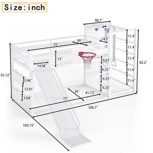 Alt view image 2 of 7 - Hassyee Twin XL/Twin/Full Size Metal Loft/Bunk Bed with Basketball Hoop, Climbing Wall and Bookshelves, Dorm Bed with Slide, Guardrail and Ladder for Boys Girls Bedroom Playroom (White Twin)