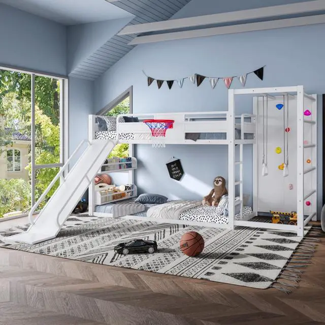 Alt view image 3 of 7 - Hassyee Twin XL/Twin/Full Size Metal Loft/Bunk Bed with Basketball Hoop, Climbing Wall and Bookshelves, Dorm Bed with Slide, Guardrail and Ladder for Boys Girls Bedroom Playroom (White Twin)