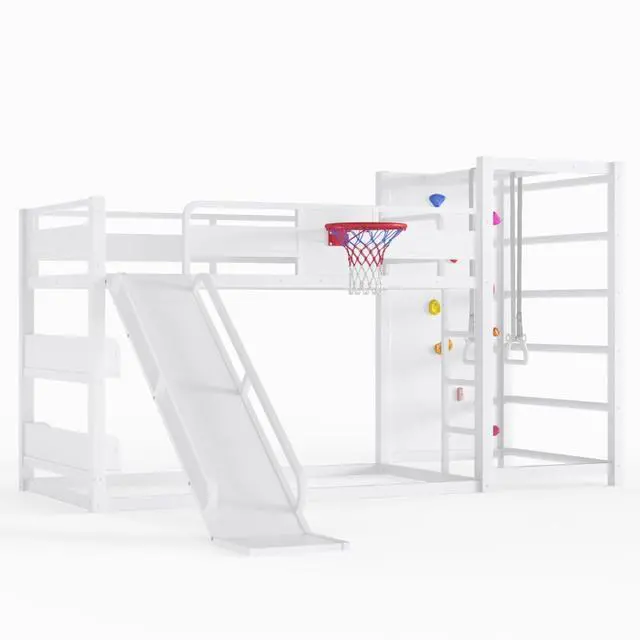 Alt view image 5 of 7 - Hassyee Twin XL/Twin/Full Size Metal Loft/Bunk Bed with Basketball Hoop, Climbing Wall and Bookshelves, Dorm Bed with Slide, Guardrail and Ladder for Boys Girls Bedroom Playroom (White Twin)