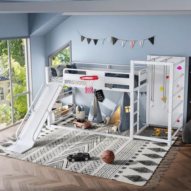 Alt view image 4 of 7 - Hassyee Twin XL/Twin/Full Size Metal Loft/Bunk Bed with Basketball Hoop, Climbing Wall and Bookshelves, Dorm Bed with Slide, Guardrail and Ladder for Boys Girls Bedroom Playroom (White Twin)