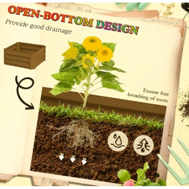 Alt view image 6 of 7 - Hassyee Metal Raised Garden Bed with Cage and Open Bottom Design for Backyard, Lawn, Park, Outdoor Planter Box with Steel Frame and Trellis for Growing Vegetables, Flowers (Brown)