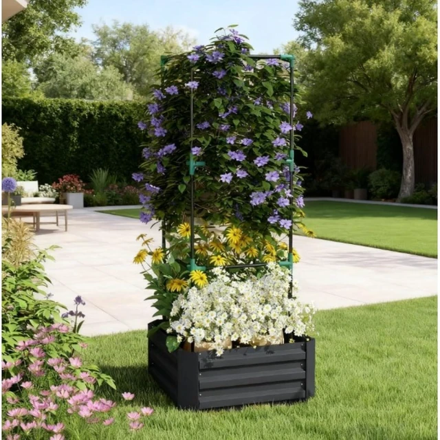Main image of Hassyee Metal Raised Garden Bed with Cage and Open Bottom Design for Backyard, Lawn, Park, Outdoor Planter Box with Steel Frame and Trellis for Growing Vegetables, Flowers (Dark Gray)