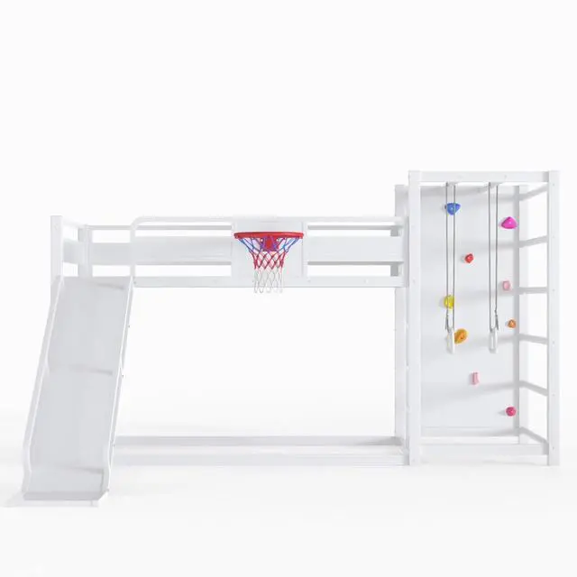 Alt view image 6 of 7 - Hassyee Twin XL/Twin/Full Size Metal Loft/Bunk Bed with Basketball Hoop, Climbing Wall and Bookshelves, Dorm Bed with Slide, Guardrail and Ladder for Boys Girls Bedroom Playroom (White Twin)