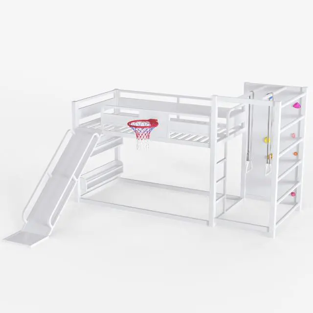 Alt view image 7 of 7 - Hassyee Twin XL/Twin/Full Size Metal Loft/Bunk Bed with Basketball Hoop, Climbing Wall and Bookshelves, Dorm Bed with Slide, Guardrail and Ladder for Boys Girls Bedroom Playroom (White Twin)