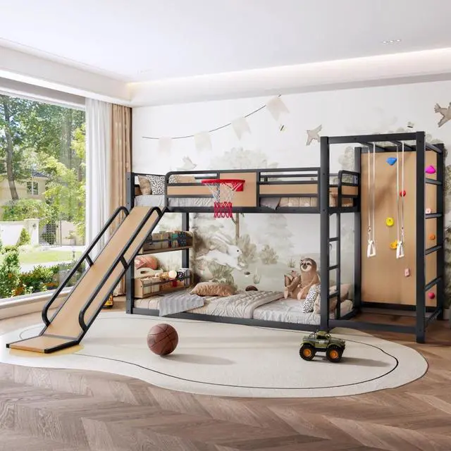 Alt view image 3 of 7 - Hassyee Twin XL/Twin/Full Size Metal Loft/Bunk Bed with Basketball Hoop, Climbing Wall and Bookshelves, Dorm Bed with Slide, Guardrail and Ladder for Boys Girls Bedroom Playroom (Yellow Twin)